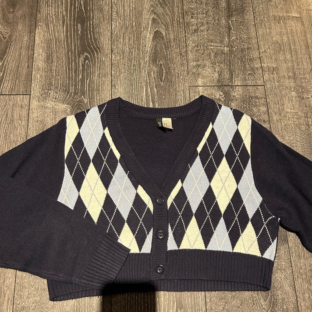 Navy and Blue Cropped Button Up Cardigan
